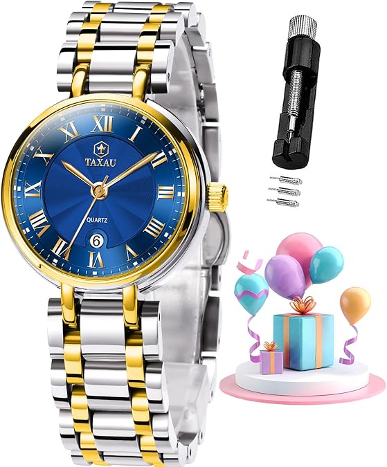 Taxau Women's Watches Roman Numeral Diamond Stainless Steel Waterproof Watches for Women with Date Day Women Wristwatch