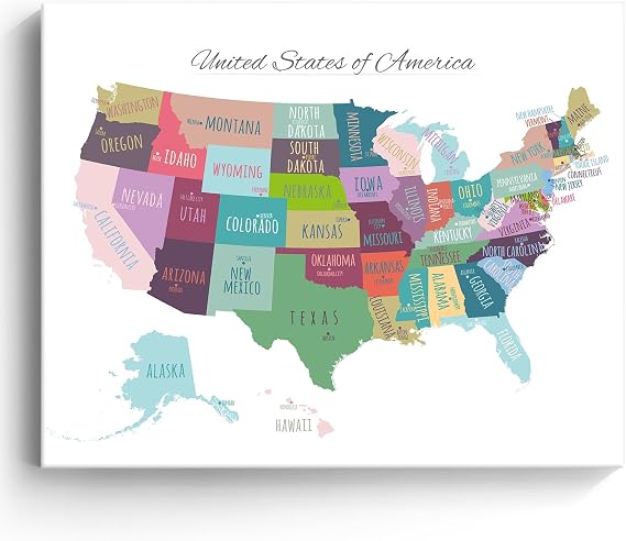 ART USA Map Wall, United States of America Kids Map Poster Prints Stretched Canvas Wall Gallery Canvas Paintings for Home Livingroom Decor, Proudly Made in USA,16"x20"
