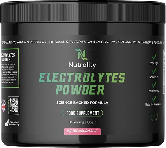 Nutrality Electrolytes Powder 350g | Vegan | 50 Servings | Watermelon | Sugar, Calcium & Artificial Flavour Free | Keto, Paleo Rehydration | 1000mg Sodium, 200mg Potassium & 60mg Magnesium