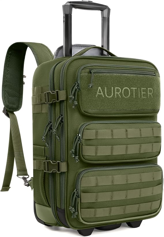 AUROTIER Rolling Tactical Laptop Backpack, 17 Inch Wheeled Computer Backpack for Men and Women, Roller Carry on Luggage for Work Travel, Overnight Molle Outdoor Hiking Bag with Wheels, Green