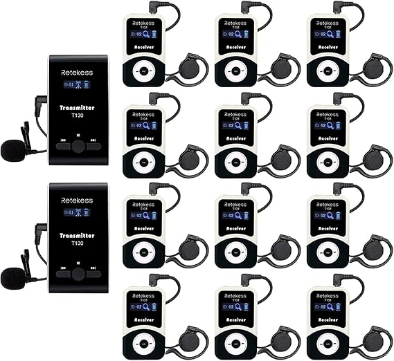 Retekess Case of 2 Transmitter 12 Receivers, T130 Wireless Tour Guide System, Church Translation System, PLL Translation Headset for Simultaneous Interpreting