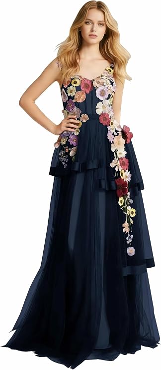 Tulle Floral Prom Dress 2026 Spaghetti Straps A-Line Ball Gown 3D Flower Applique V-Neck Formal Evening Gowns