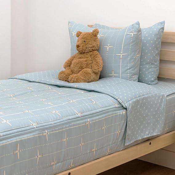 Beddy's Airplane Theme Durable Zipper Bedding for Kids, Bed in a Bag, Light Blue Sheets & Comforter with Plane Design, Includes Pillowcase & Pillow Sham Easy to Make & Wash