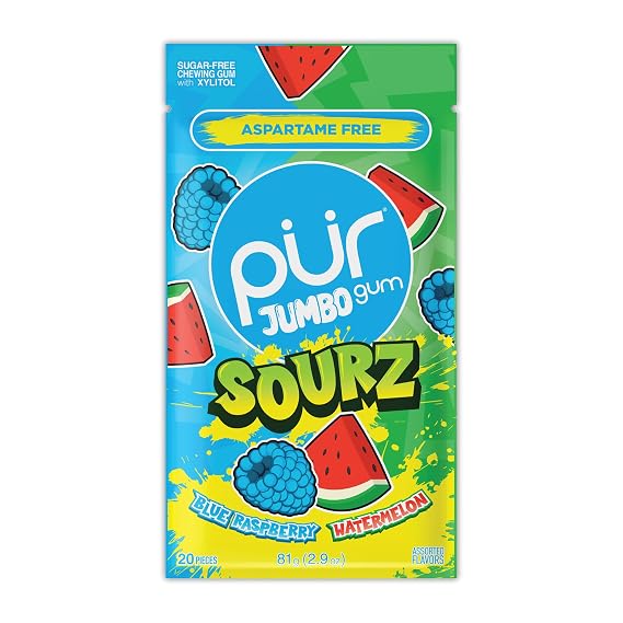 PUR Jumbo Gum, Sour Blue Raspberry & Watermelon, Xylitol Gum, 20 Count