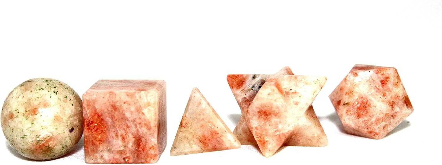 Jet International Sunstone Sacred Geometry Sets 5 Stone Platonic Solid Top Grade Quality Merkaba Star WVelvet Pouch Attractive Cleansing Life Vitality Healing Chakra Balancing DNA Energy Grid