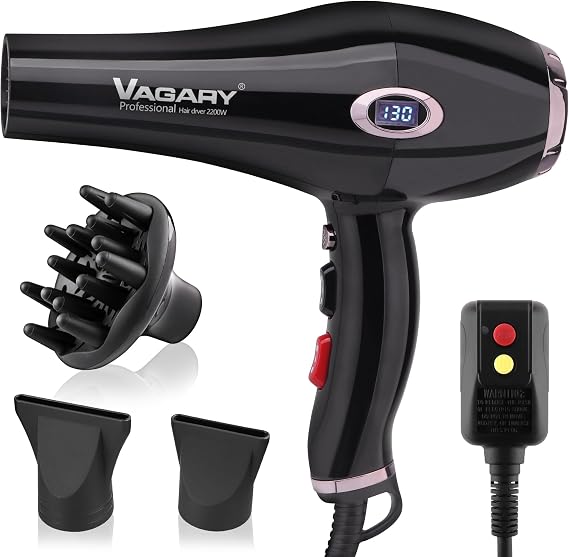 VAGARY Professional Salon 2200W Blower Dryer with Diffuser Concentrator Nozzles,Negative Ionic Blow Dryer,Low Noise Hair Dryers,2 Speeds and 2 Heat Settings 1 Cool Shot Button
