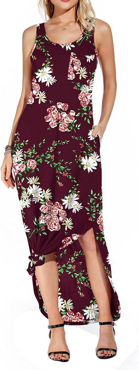 GRECERELLE Womens Sleeveless Summer Long Slit Casual Solid Floral Print Maxi Dress with Pocket