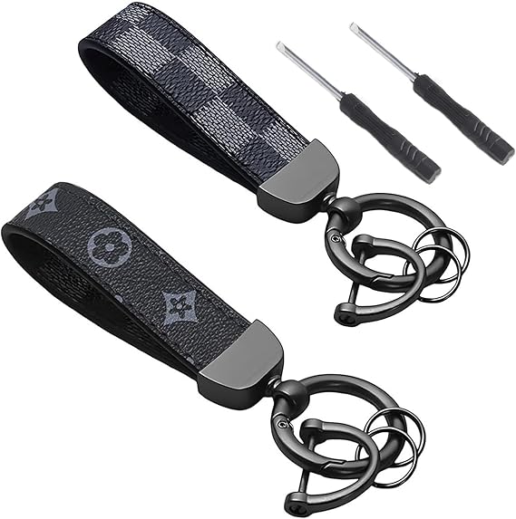 2 PCS Genuine Leather Car Keychain, Universal Key Fob Keychain Leather Key Chain Holder, with Anti-lost D-ring, 360 Degree Rotatable, Black Car Keyring for Men and Women