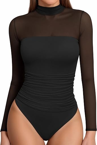 MANGOPOP Women's Mock Turtle Neck Bodysuit Mesh Ruched Short Long Sleeve Body Suit Sexy Sheer Trendy Going Out Outfits Tops