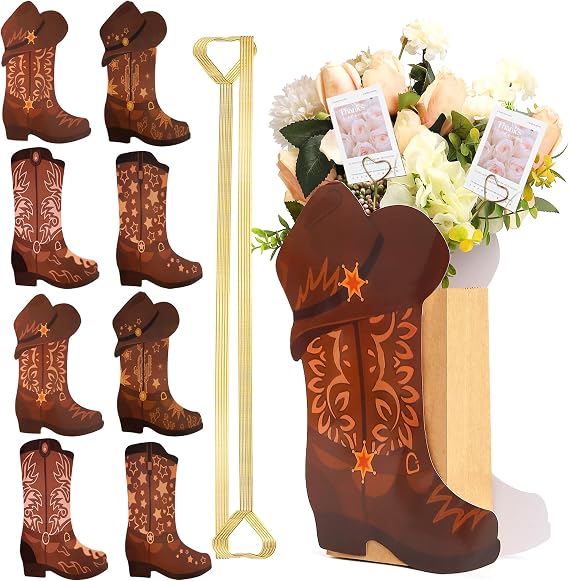 8 Set Western Cowboy Boots Flower Boxes 10pcs Floral Pick Card Holder Centerpieces for Cowboy Cowgirl Birthday Party Wedding Supplies