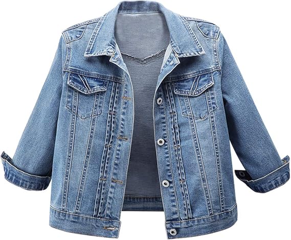 Omoone Women's 3/4 Sleeve Cropped Denim Jacket Summer Short Trucker Jacket Blue Jean Coats Tops