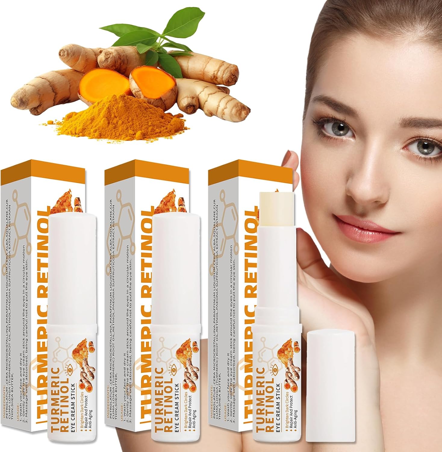 Retinol Eye Stick 3PCS,Eye Balm Stick Hydrating Anti-Aging, Nourishing,Turmeric Eye Cream Stick for Puffiness, Bags,And Fine Lines,Portable Turmeric Retinol for Eye Bags for All Skin Types