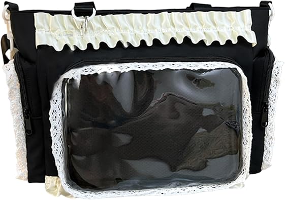 Ita Bag Crossbody, Ita Bag, Kawaii Lace Ruffle Nylon Pin with Side & Front Clear Display Adjustable Straps Y2k Cute Handbag for Girls, Black, Pin