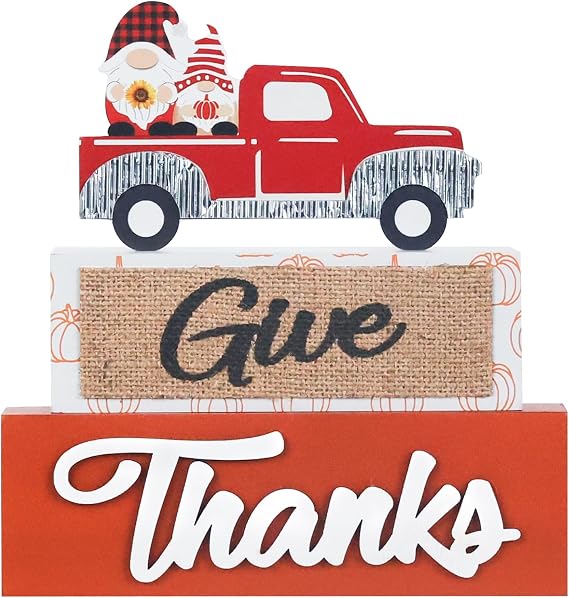 NEEDOMO Fall Decorations for Home, 3-Layered Wooden Truck Sign with Give Thanks Gnome Fall Decor, Thanksgiving Decorations for Living Room, Table, Tiered Tray, Mantel