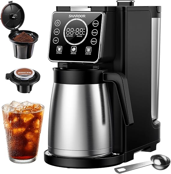 SHARDOR Single Serve & Carafe Coffee Maker, Hot & Iced Coffee Machine for K Cup Pods & Grounds, 6-32oz Brew Sizes, 95oz Removable Water Reservoir, 5 Cup Thermal Carafe, 24H Programmable, Matte Black