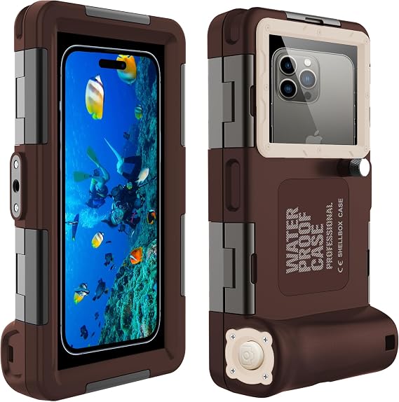Universal Waterproof Diving Case for Smartphone 4.7-6.9'', 50FT/15M, Brown | Shutter button for underwater photos. Shockproof & dustproof. Compatible with iPhone, Samsung, Android