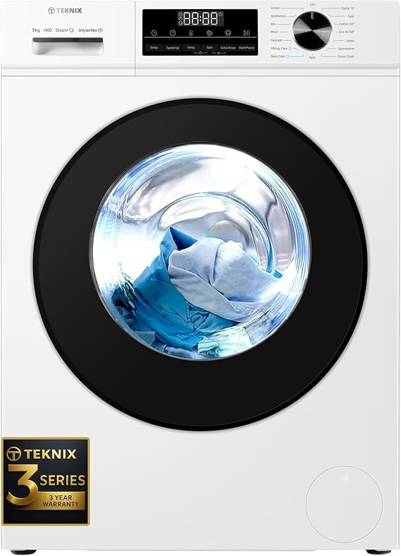 Teknix 3 Series TK3W814XW 8kg Washing Machine - 1400 Spin - 3 Year Parts and Labour Cover - 1 Hour Wash Program - Durable Inverter Motor - Steam Function - Quick Wash - White [Energy Class A]