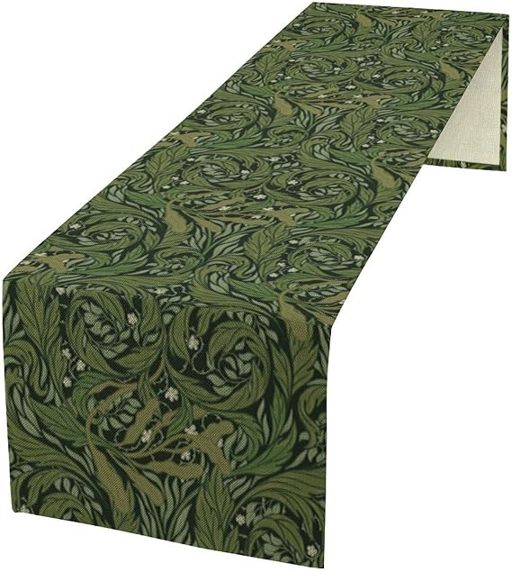 William Morris Green Leaves Table Runner,Vintage Enchanted Flowers Boho Botanical Vine Pattern Modern Art Table Runner for Kitchen Dinning Table Home Party Decor 13x36in