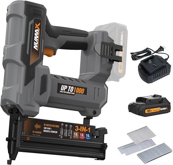 NuMax 18V Cordless 3-in-1 Nail Gun Kit 2" 16 & 18 Gauge Finish Nailer, Brad Nailer, and Narrow Crown Staple Gun Includes Battery, Charger & Fasteners S18V31618G