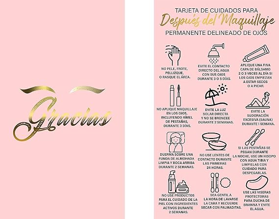 BRAWNA 100 Pck Pink Tarjeta De Cuidado Para Despues Del Maquillaje Permanente Delineado De Ojos - Spanish PMU Eyeliner Aftercare Thank You Cards - PMU Supplies - Microblading Kit