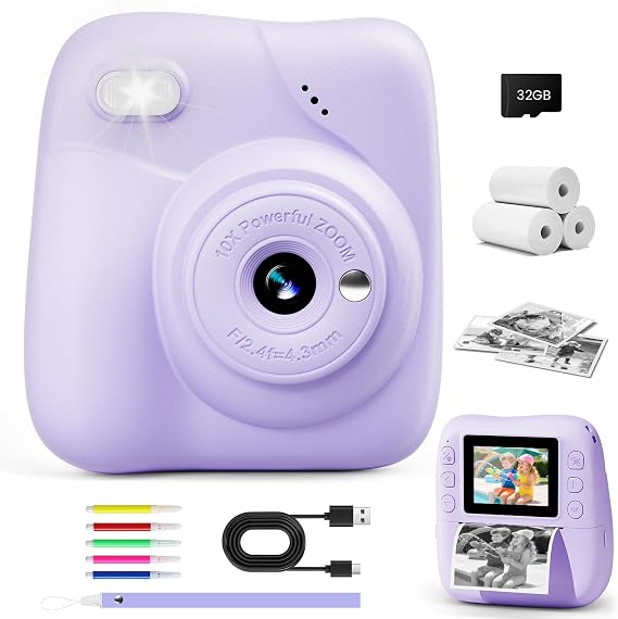 CAMCLID Kids Camera Instant Print, 1080P Camera with 32GB Card, Purple