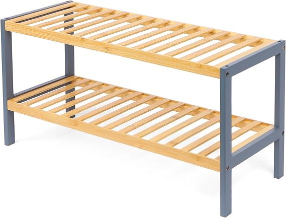 2 Tier Bamboo Shoe Rack Wooden Shoes Storage Unit, Shoe Organiser with Shelves, Wardrobe Storage, Small Shoe Rack and Boot Organiser, Shoe Storage Bench GREY/NATURAL