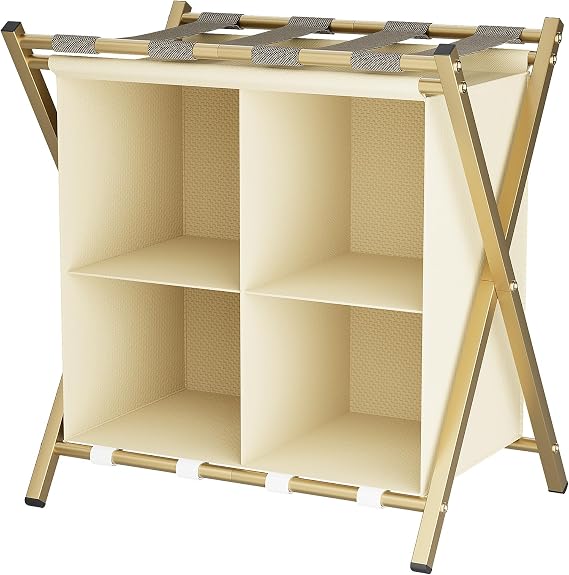 Folding Metal Luggage Rack, Suitcase Stand with Storage Shelf, Portable Luggage Rack for Guest Room, 2 Tier Luggage Stand Holder for Hotel Bedroom, Suit Case Holder Travel Chest Storage Stand,1x Gold