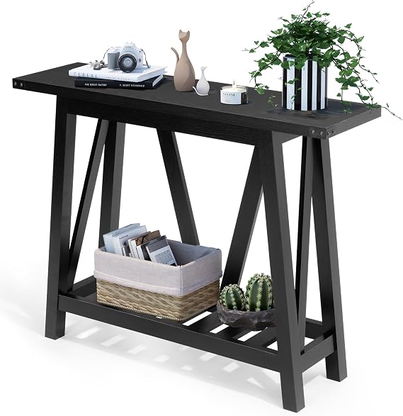 Farmhouse Console Table for Entryway - Wood Entryway Tables with Shelves, Sofa Table for Living Room, Black