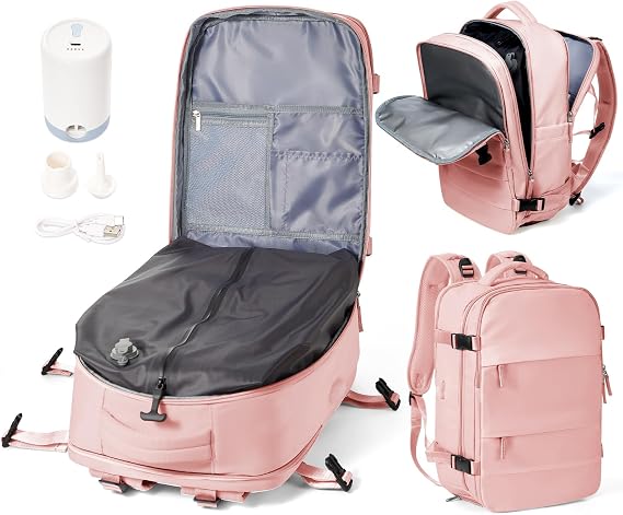 Large Vacuum Backpack Travel with Pump, Waterproof Compression Backpack, Airback Personal Item Carry on Backpacks, Vacpack Compression Bags for Seal, Business Travel Backpacks for Women Men(Pink)