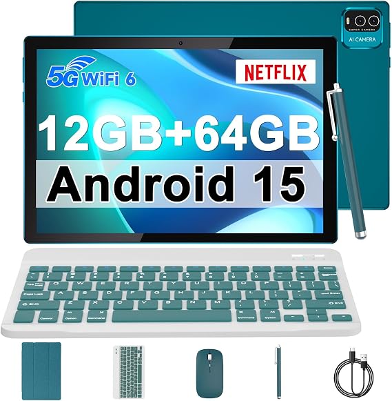 IWEGGO Android 15 Tablet, 10 inch 12GB RAM+64GB ROM 1TB Expand, 1.8Ghz Quad-core Processor, 8MP Camera 6000mAh Battery, 1280*800 HD Touchscreen, 2 in 1 Tablets with Keyboard Case Mouse Stylus Navyblue