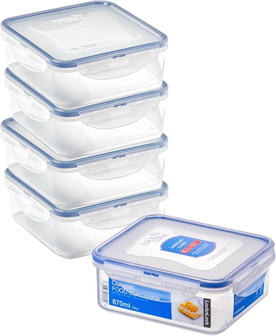 LocknLock Square Food Containers with Lids Set of 5 - Plastic Airtight & Watertight Food Storage Containers, BPA Free & Dishwasher Safe, 5 x 870ml