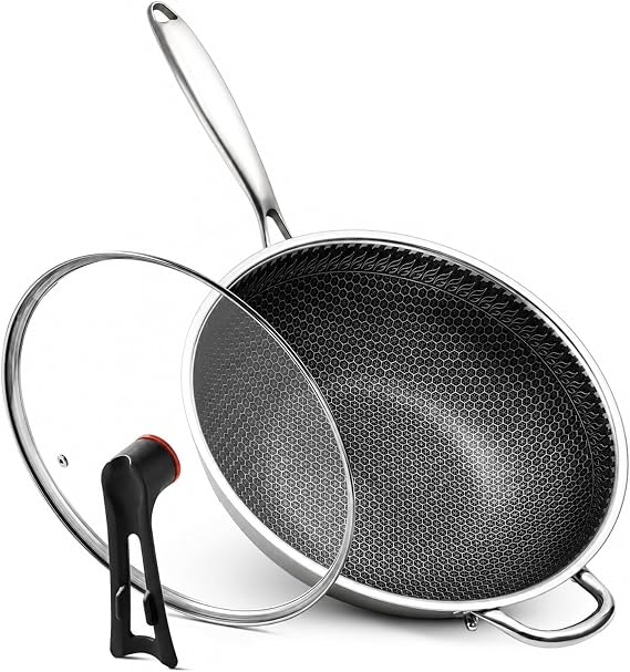WANGYUANJI Stainless Steel Wok Pan with Lid, 12.6 Inch Honeycomb Hybrid Nonstick Stir Fry Pan, Tri-Ply Clad Skillet for Induction Electric Gas Stove, Dishwasher Safe, No Seasoning Needed (Serves 3-4)