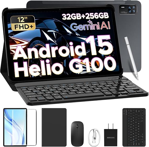 Tab E3+ 12 inch Tablet with Keyboard, 2.4K & 90 Hz Display, Helio G100 Octa-Core Gaming Tablet with Gemini AI, 7.6mm Metal Body, 8800mAh, 32GB+256GB/TF 2TB, Tablet with Pen, Mouse & Case