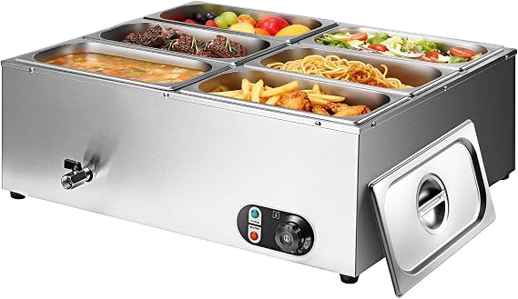 Commercial Food Warmer 48 Qt Stainless Steel Steam Table Countertop Buffet Warmer, 6-Pan 1500W Electric Bain Marie Food Warmer with Adjustable Temperature for Restaurants, Catering, Hotels