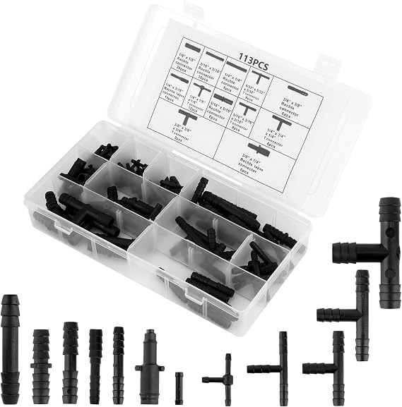 113pcs Vacuum Connector Assortment, Automotive Vacuum Tubing Connector Vacuum Hose Pipe Tube Connector Tee/Straight/Reducer Vacuum Line Connectors Vacuum Fittings (12 Sizes)