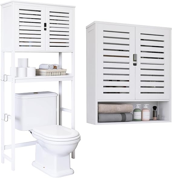 SMIBUY Bathroom Over The Toilet Storage Cabinet and Bathroom Cabinet Wall Mounted, Door Bamboo Cabinet Organizer and Space Saver Medicine Cabinet with 2 Door and Adjustable Shelves (White)