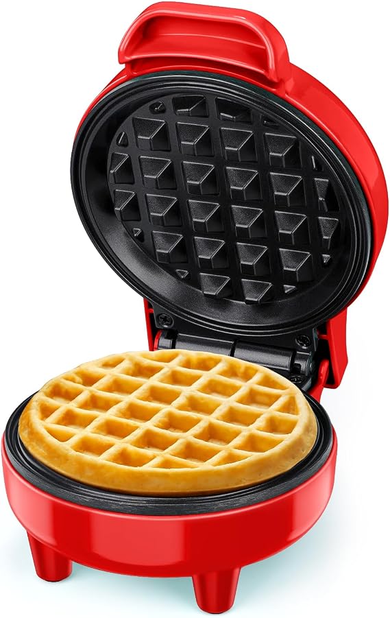 SNAILAR Mini Waffle Maker, 550W Waffle Iron, Ready Indicator Light, Non Stick Coating, Cool Touch Handle, Compact Size, Red