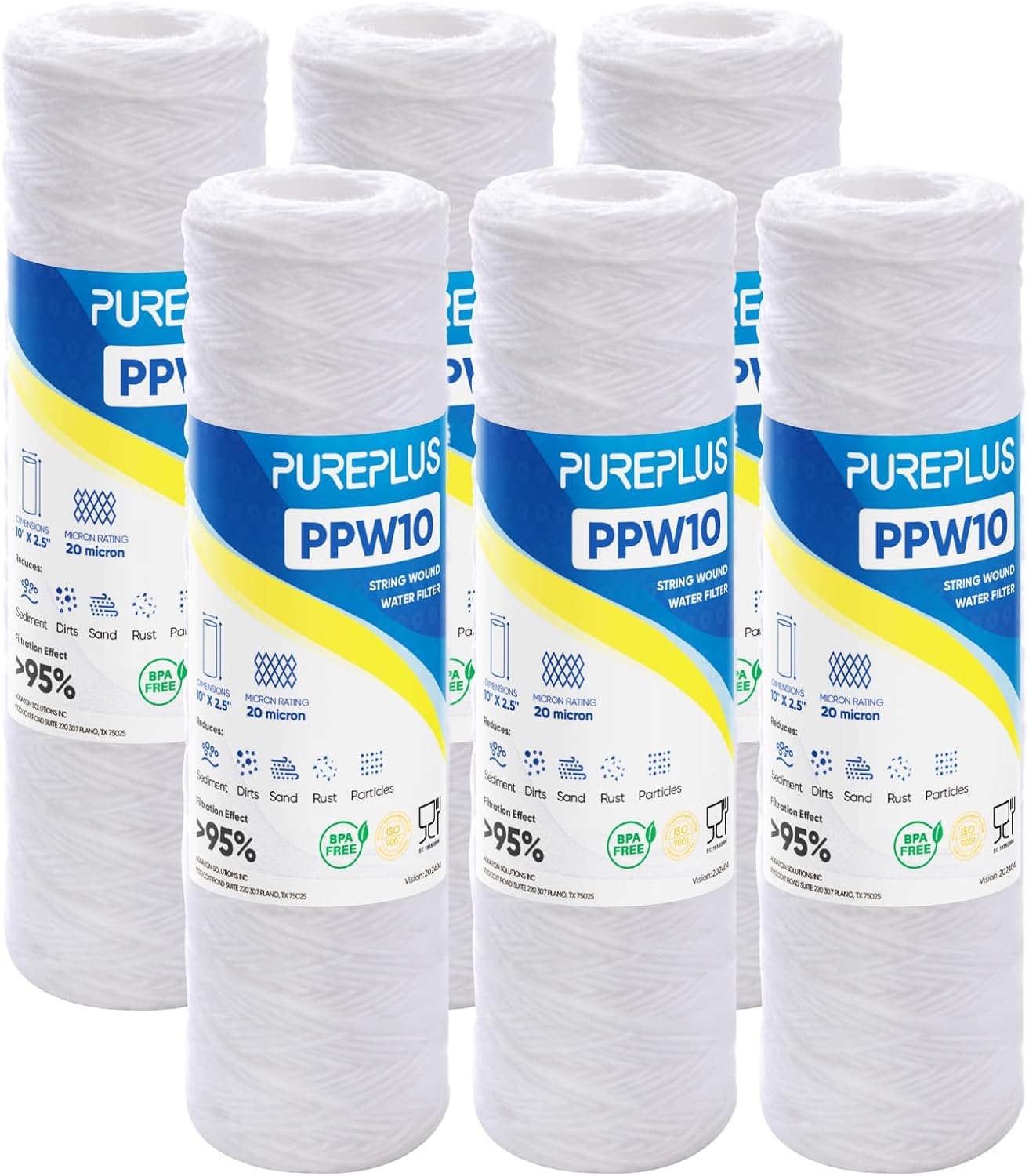 PUREPLUS 20ミクロン 10インチx2.5インチ ハウス全体ストリング創傷堆積物フィルター 井戸水用 ユニバーサル10インチROシステム用交換用カートリッジ WP-5 Aqua-Pure AP110 CFS110 Culligan P5 WFPFC4002 6パック