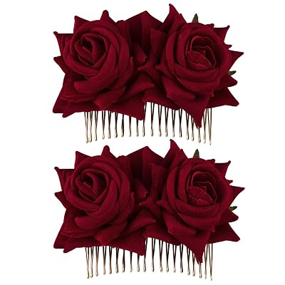 CROWN GUIDE 2-Pack Rose Flower Bridal Hair Combs Women Wedding Hair Accessories Pieces For Brides Flamenco Dancer Hairstyles Red