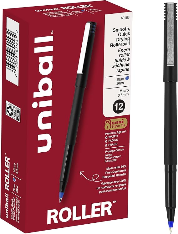 uniballTM Roller Rollerball Pens, Micro Point (0.5mm), Blue, 12 Pack