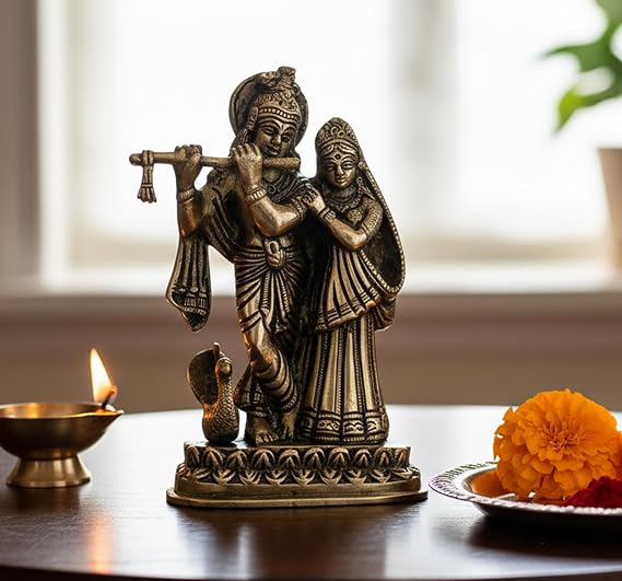 StonKraft Lada Krishna Pair Multi Idol Sculpture - Antique 6" Brass Multicolor