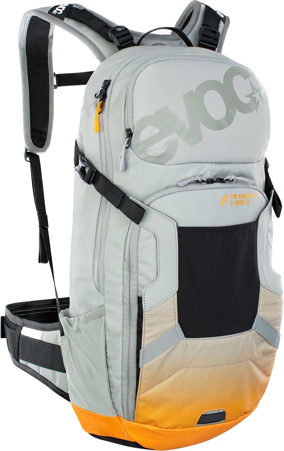EVOC FR ENDURO E-Ride 16 E-Bike Backpack, Bike Rucksack (Padded Compartment for Spare Battery, Belt Fixing System, Control Display Pocket, Liteshield Back Protector), Stone Grey/Light Orange