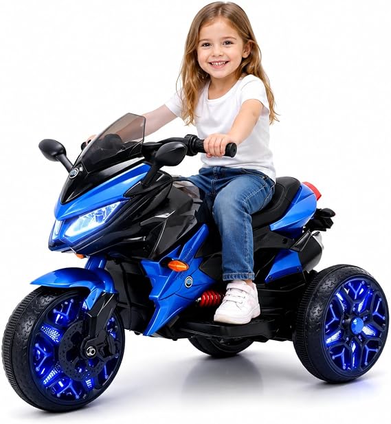 12V Kids Electric Motorcycle with Training Wheels | Plastic, PU seat, manual throttle, foot brake, USB, MP3, phone link, light-up wheels, ages 3-6, 45.3 W x 23.2 D x 28.7 H in