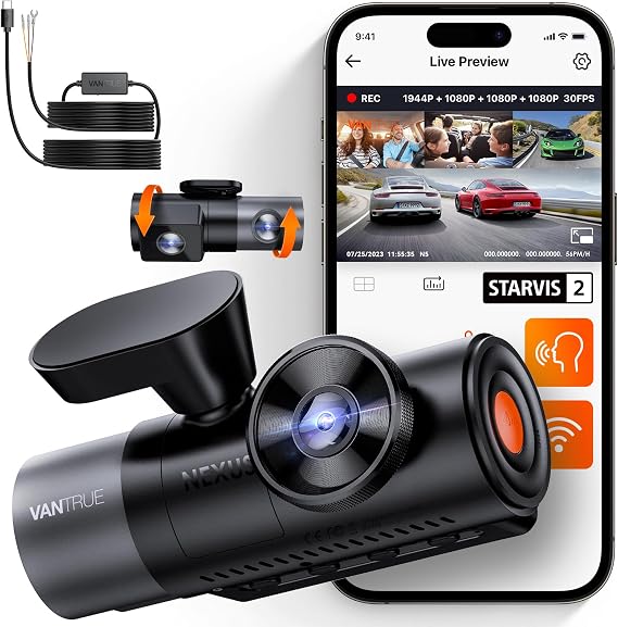 Bundle: Vantrue N5 4 Channel WiFi Dash Cam + Hardwire Kit 2.7K+1080P*3 Front Rear Inside Camera with Side View, STARVIS 2, Voice Control, GPS, 24hrs Buffered Parking Mode