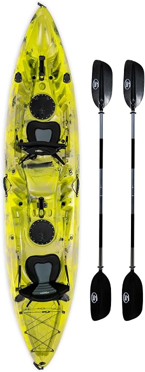 BKC Brooklyn 12.5 Tandem Fishing Kayak, 2 to 3 Person Sit-on-Top | 600 lb capacity, 2 padded seats, 2 paddles, 6 rod holders, motor-ready mount, for lakes, rivers and coastal water