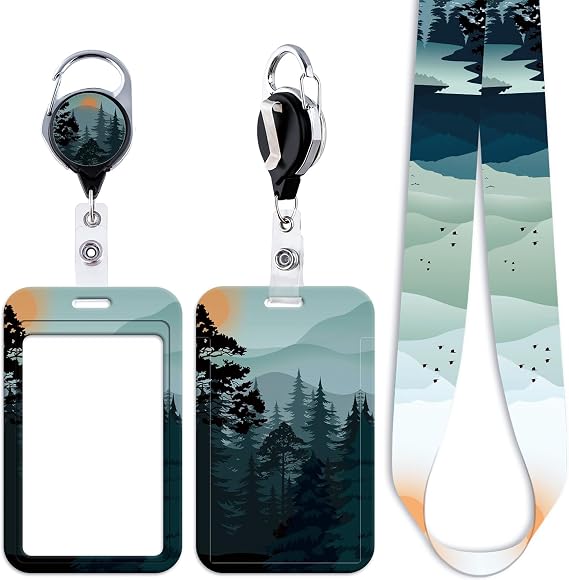 Mountain ID Lanyard Card Holder & Retractable Badge Reel Clip Cool Sunset Keychain Lanyard ID Holder for Women Men Teachers Doctors for Keys Wallet Name Tag(Tree)