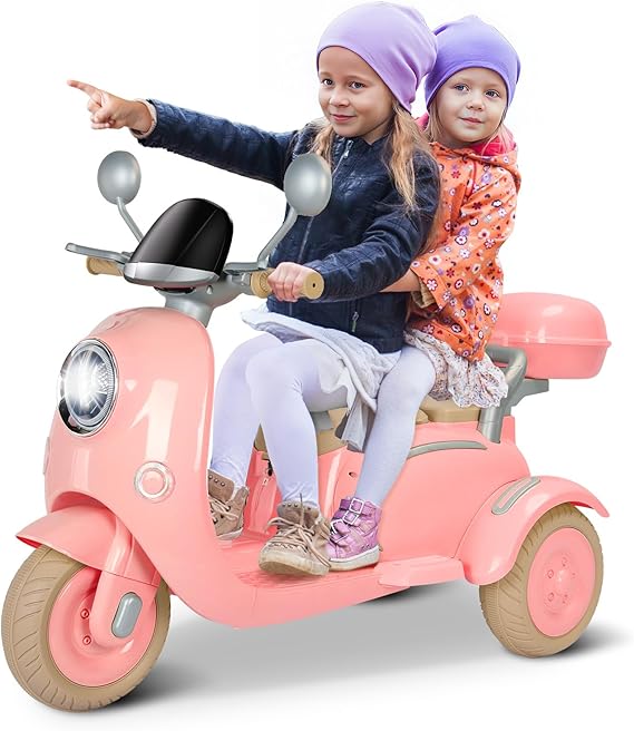 12V Ride on Motorcycle for Kids, 2 Seater Electric Moped, Pink