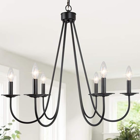 Black Chandelier, 6-Light Farmhouse Chandelier for Dining Rooms, Bedroom, Living Room, 28 W x 24.5 H