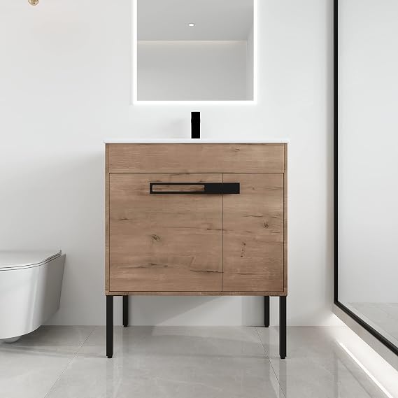 Malwee 30 Inch Freestanding Bathroom Vanity with Sink, 2 Doors, Brown