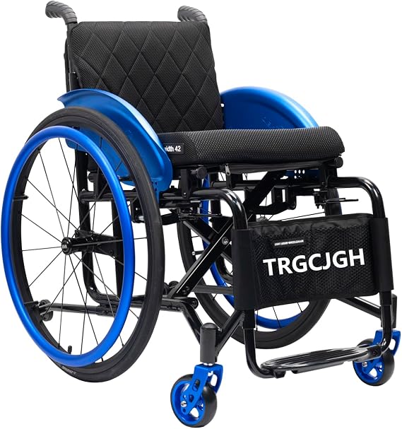 Lightweight Folding Sports Wheelchair, Aluminum Alloy, Adult Self-propelled Wheelchairs, with Handbrakes and Anti-Tipper(16.5" Seat Width,Blue)